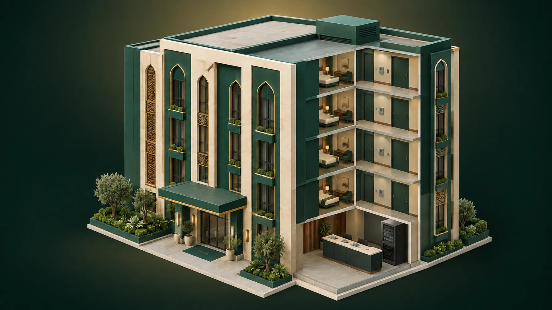 Isometric cutaway of a hotel showing the front-desk system, server rack and every room's door reader — the systems Amazeng.ai connects.