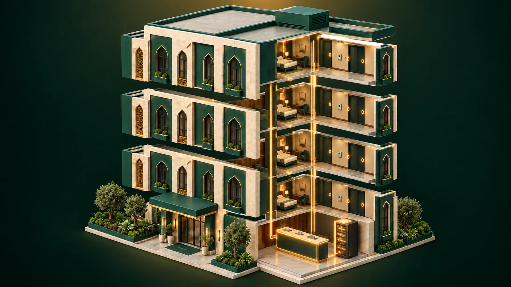 Isometric cutaway of a hotel showing the front-desk system, server rack and every room's door reader — the systems Amazeng.ai connects.